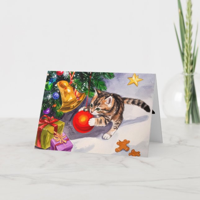 Tarjeta Festiva Cute Kitten Swinging On Christmas Tree Ornaments (Anverso)