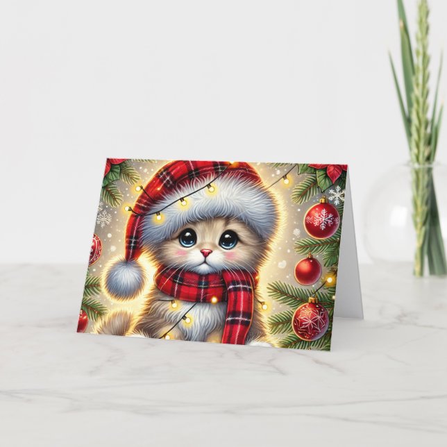 Tarjeta Festiva Cute Kitten Under Christmas Tree (Anverso)