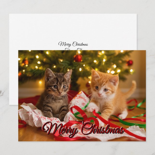 Tarjeta Festiva Cute Kittens Under Christmas Tree (Anverso / Reverso)