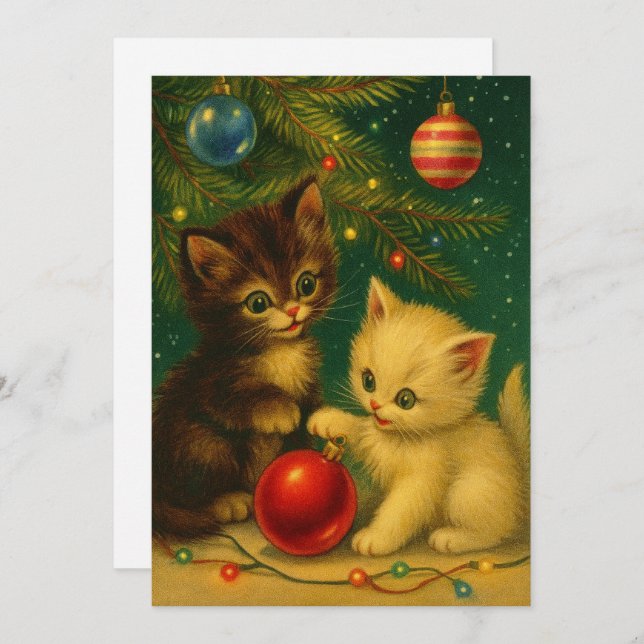 Tarjeta Festiva Cute Kittens Under Christmas Tree Retro (Anverso / Reverso)
