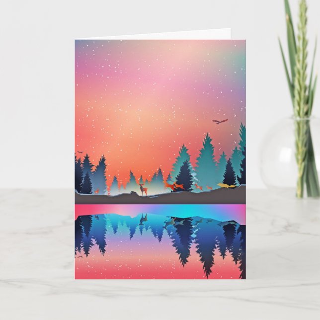 Tarjeta Festiva Cute Lago de Invierno Nieve Zorro Ciervo (Anverso)