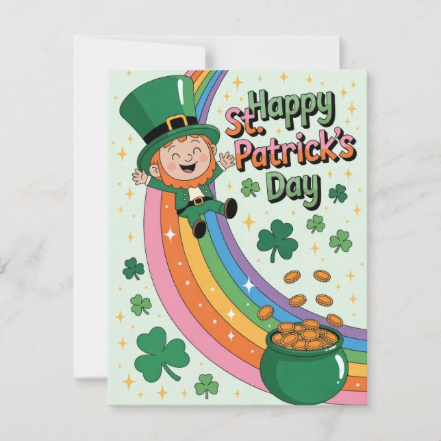 Tarjeta Festiva Cute Leprechaun with Rainbow St. Patrick's Day (Anverso)