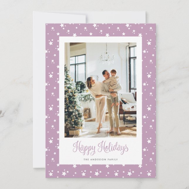 Tarjeta Festiva Cute Lilac Starry Photo Happy Holidays Card (Anverso)
