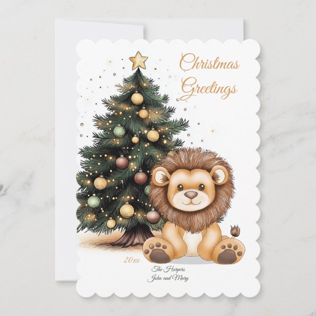 Tarjeta Festiva Cute Lion with Festive Tree Illustration (Anverso)