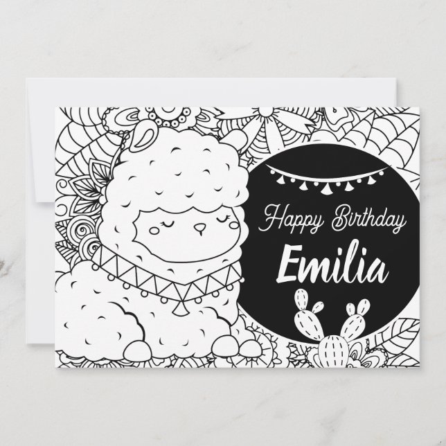 Tarjeta Festiva Cute Llama Kids Birday Floral Colorido (Anverso)