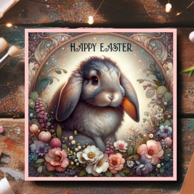 Tarjeta Festiva Cute Lop Eared Bunny Flowers Feliz Pascua (Subido por el creador)