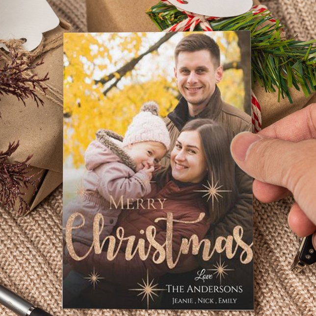 Tarjeta Festiva Cute Merry Christmas Faux Rosa Gold Star Photo (Cute Merry Christmas Faux Rose Gold Star Photo Holiday Card)