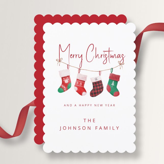 Tarjeta Festiva Cute Merry Christmas Stockings (Cute Merry Christmas Stockings Holiday Card)