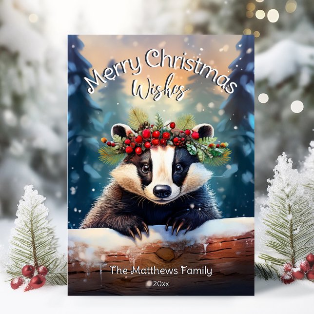 Tarjeta Festiva Cute Merry Christmas Wiers Badger de Woodland Fore (Adorable Winter Snowy Scene With Peeking Dogs or Farm/Woodland Animals - Over 50 to Choose From!)