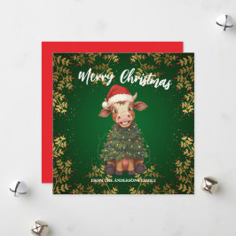 Tarjeta Festiva Cute merry Cow Christmas tree calf ox Xmas pattern