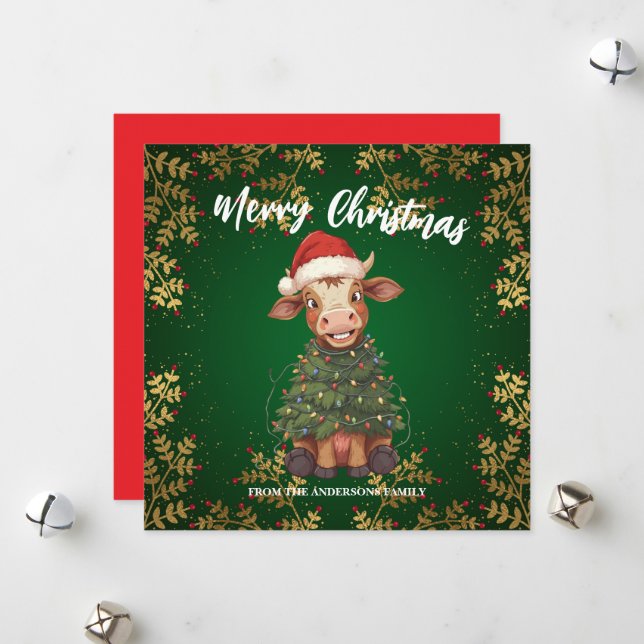 Tarjeta Festiva Cute merry Cow Christmas tree calf ox Xmas pattern (Anverso/Reverso In Situ)