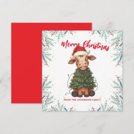 Tarjeta Festiva Cute merry Cow Christmas tree calf ox Xmas pattern