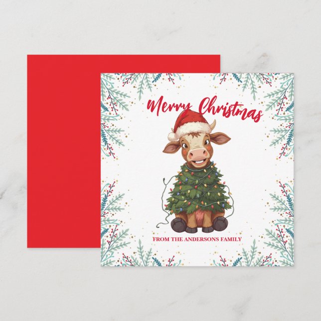 Tarjeta Festiva Cute merry Cow Christmas tree calf ox Xmas pattern (Anverso / Reverso)