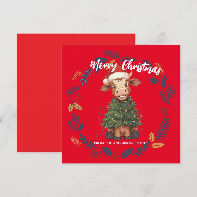 Tarjeta Festiva Cute merry Cow Christmas tree calf ox Xmas pattern (Anverso / Reverso)