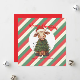 Tarjeta Festiva Cute merry Cow Christmas tree calf ox Xmas plaid