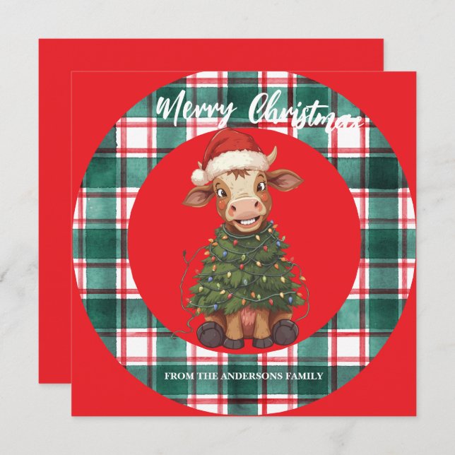 Tarjeta Festiva Cute merry Cow Christmas tree calf ox Xmas plaid (Anverso / Reverso)