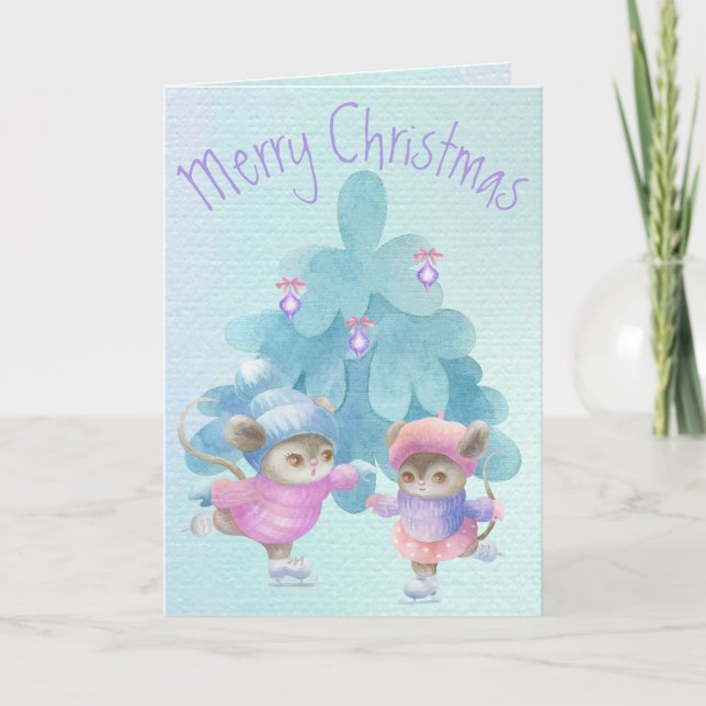 Tarjeta Festiva Cute Mice Skating Blue Modern Watercolor Pintado (Anverso)