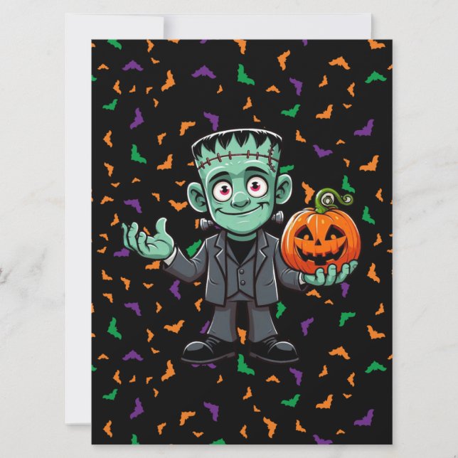 Tarjeta Festiva Cute monstruo de Frankenstein con murciélagos/cala (Anverso)