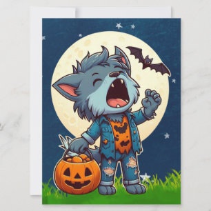 Tarjeta Festiva Cute monstruo hombre lobo aullador con calabaza