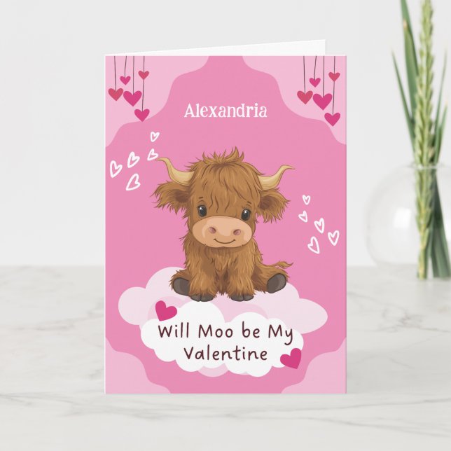 Tarjeta Festiva Cute Moo Highland Cow San Valentín (Anverso)