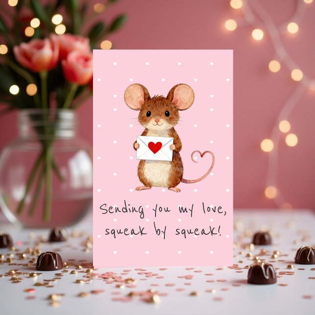 Tarjeta Festiva Cute Mouse Sending You My Love, Squeak by Squeak (Cute Mouse Valentine Love Card – “Sending You My Love, Squeak by Squeak”)