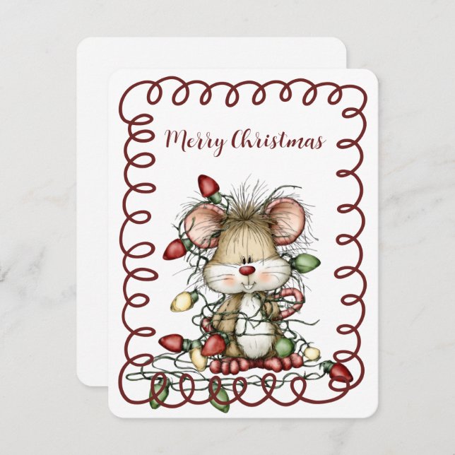 Tarjeta Festiva Cute Mouse Tangled in Christmas Lights (Anverso / Reverso)