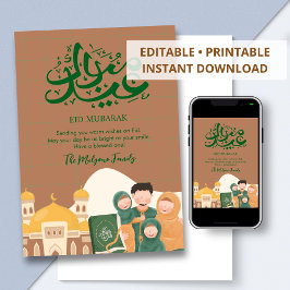 Tarjeta Festiva Cute Muslim Family and Mosque Eid Mubarak Card