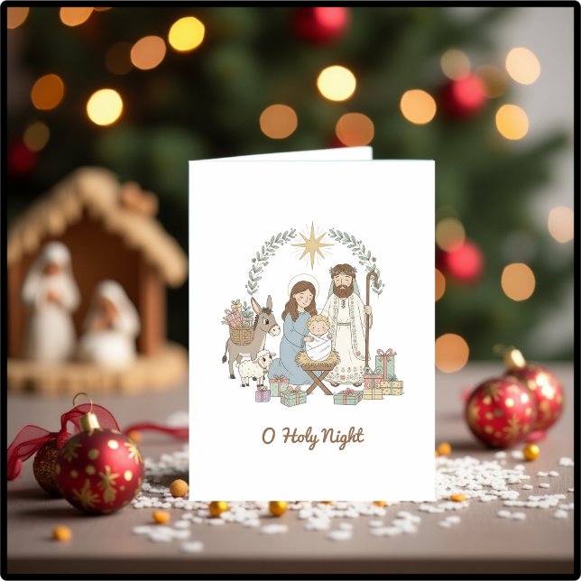 Tarjeta Festiva Cute Nativity “O Holy Night” Christmas Christian (Cute Nativity “O Holy Night” Christmas Card – Modern Christian Holiday Card)