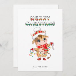 Tarjeta Festiva Cute Navidades Vaca con traje de invierno