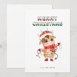 Tarjeta Festiva Cute Navidades Vaca con traje de invierno