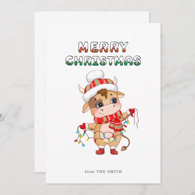 Tarjeta Festiva Cute Navidades Vaca con traje de invierno (Anverso / Reverso)