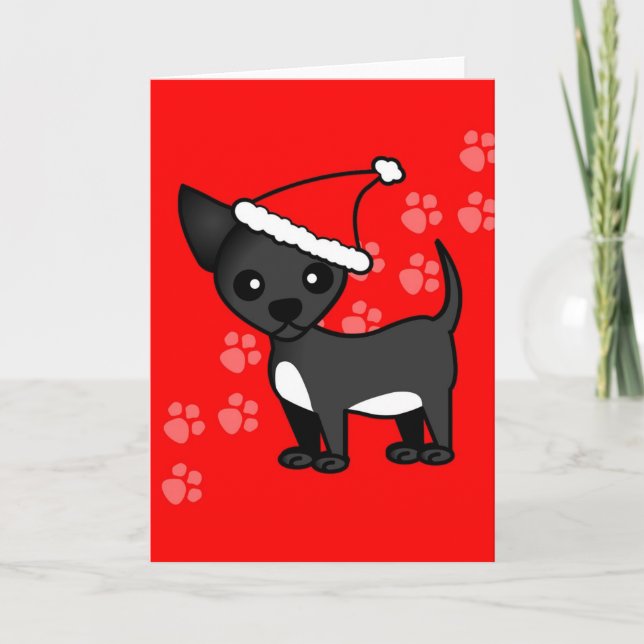 Tarjeta Festiva Cute negro Chihuahua Personalizado Santa Hat (Anverso)