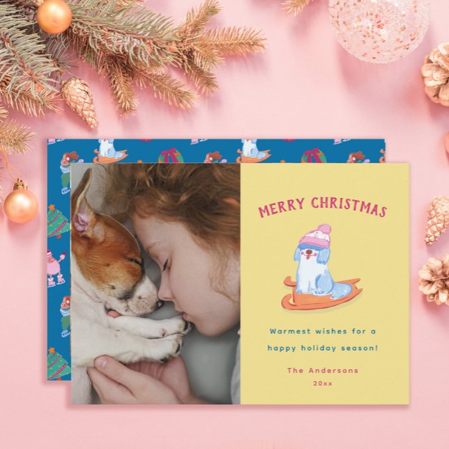 Tarjeta Festiva Cute Old English Sheepdog sledge Yellow Christmas  (Subido por el creador)