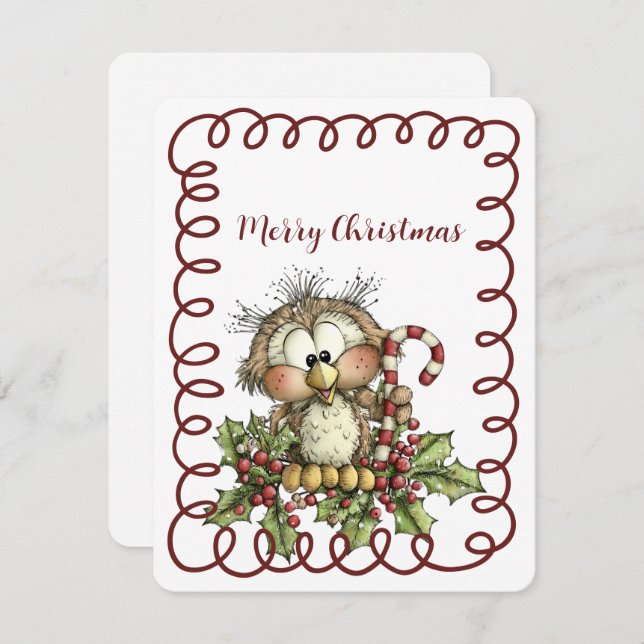Tarjeta Festiva Cute Owl Holding Candy Cane (Anverso / Reverso)