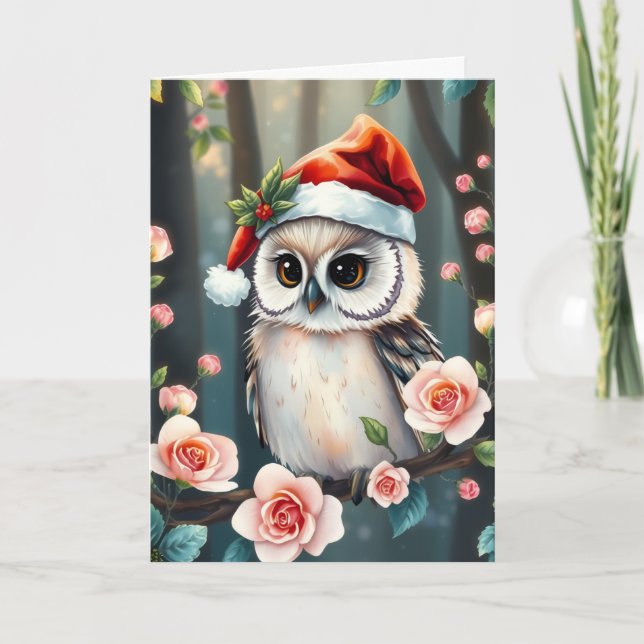 Tarjeta Festiva Cute owl in Christmas hat Christmas card (Anverso)
