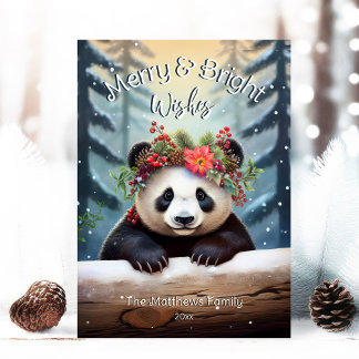 Tarjeta Festiva Cute Panda Bear Woodland Forest Merry & Bright