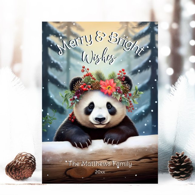 Tarjeta Festiva Cute Panda Bear Woodland Forest Merry & Bright (Adorable Winter Snowy Scene With Peeking Dogs or Farm/Woodland Animals - Over 50 to Choose From!)