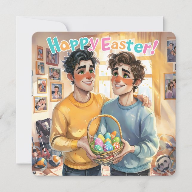 Tarjeta Festiva Cute Pareja Gay con cesta de Pascua (Anverso)