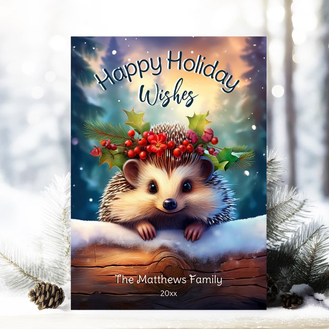 Tarjeta Festiva Cute Peeking Hedgehog Snowy Winter Woodland Forest (Adorable Winter Snowy Scene With Peeking Dogs or Farm/Woodland Animals - Over 50 to Choose From!)