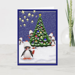 Tarjeta Festiva Cute Penguin Christmas Tree Snow Scene Custom