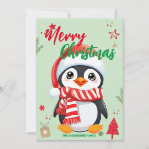Tarjeta Festiva Cute Penguin santa Navidades Holiday Nombre famili