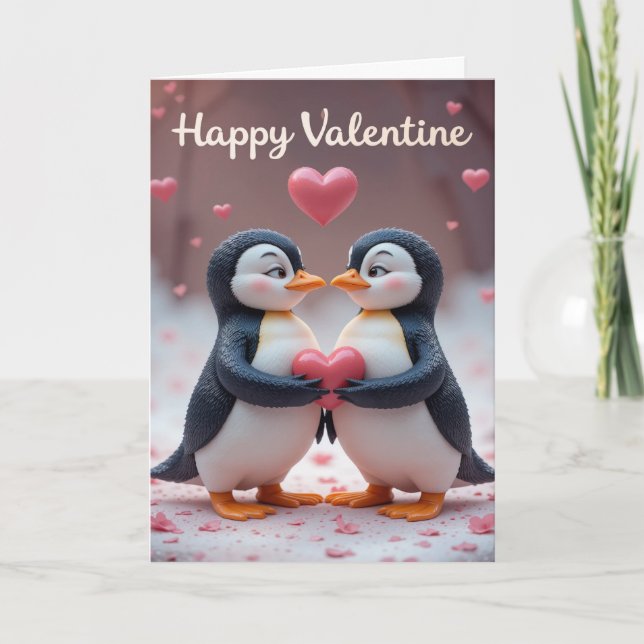 Tarjeta Festiva Cute Penguin Valentine Adorable Couple Love  (Anverso)