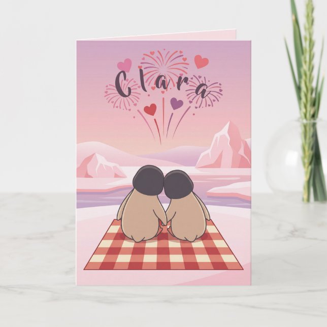 Tarjeta Festiva Cute Penguin Valentine Picnic Card for Girlfriends (Anverso)