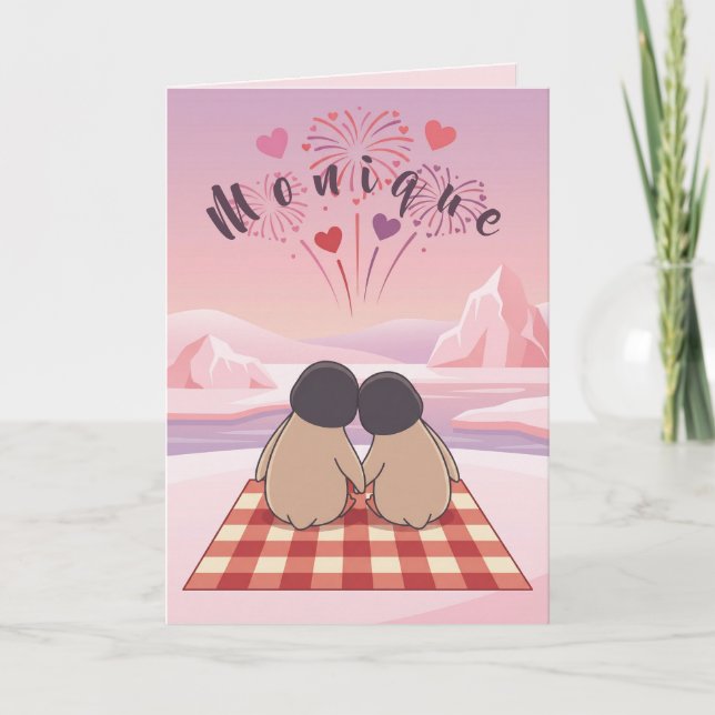 Tarjeta Festiva Cute Penguin Valentine Picnic Card for Sweethearts (Anverso)