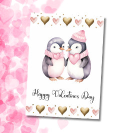 Tarjeta Festiva Cute Penguins Happy Valentines Day