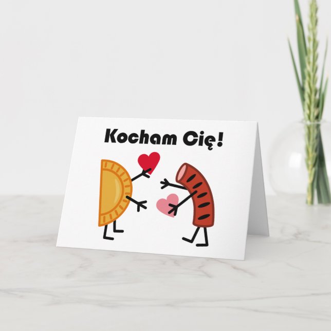 Tarjeta Festiva ¡Cute Pierogi & Kielbasa Kocham Cie! (¡Te Amo!) (Anverso)