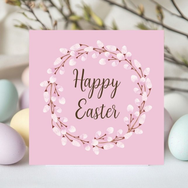 Tarjeta Festiva Cute Pink Pussy Willow Happy Easter (Cute Pink Pussy Willow Happy Easter Holiday Card)