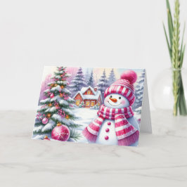 Tarjeta Festiva Cute Pink Snowman Christmas