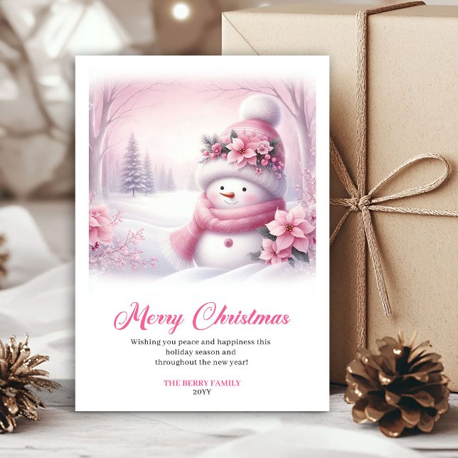 Tarjeta Festiva Cute pink snowman Christmas greeting card for kids (Cute pink snowman Christmas greeting card for kids digital)