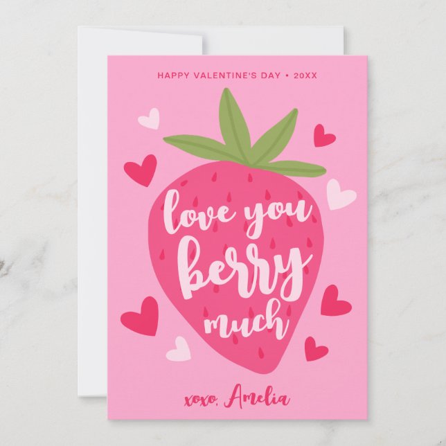 Tarjeta Festiva Cute Pink Strawberry Love Berry Hearts Valentines (Anverso)